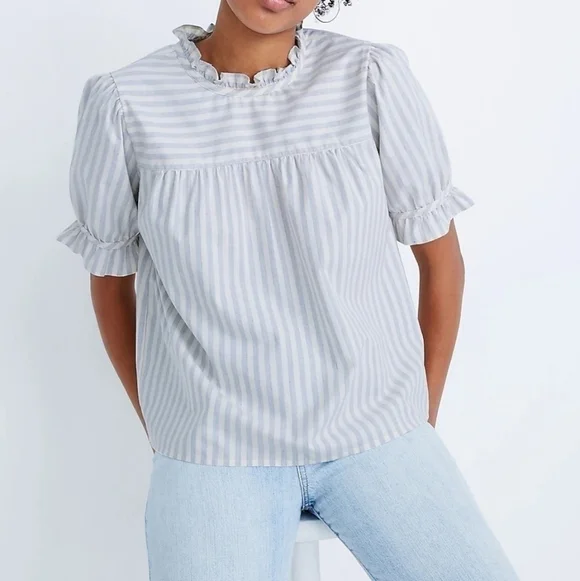 Madewell Ruffle-Neck Back Keyhole Oversized Top in Stripes size Small - Picture 1 of 8